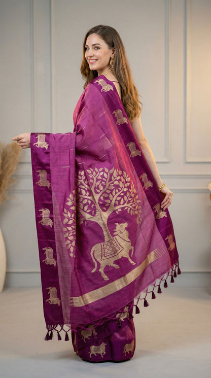 Rani Pink Khadi Raw Silk Saree With Zari Weaving Cow Pallu & Border | Traditional Festive Wear – JaipurSaaj