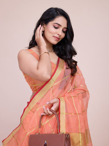 Peach Kota Doriya Saree With Zari Weaving Work