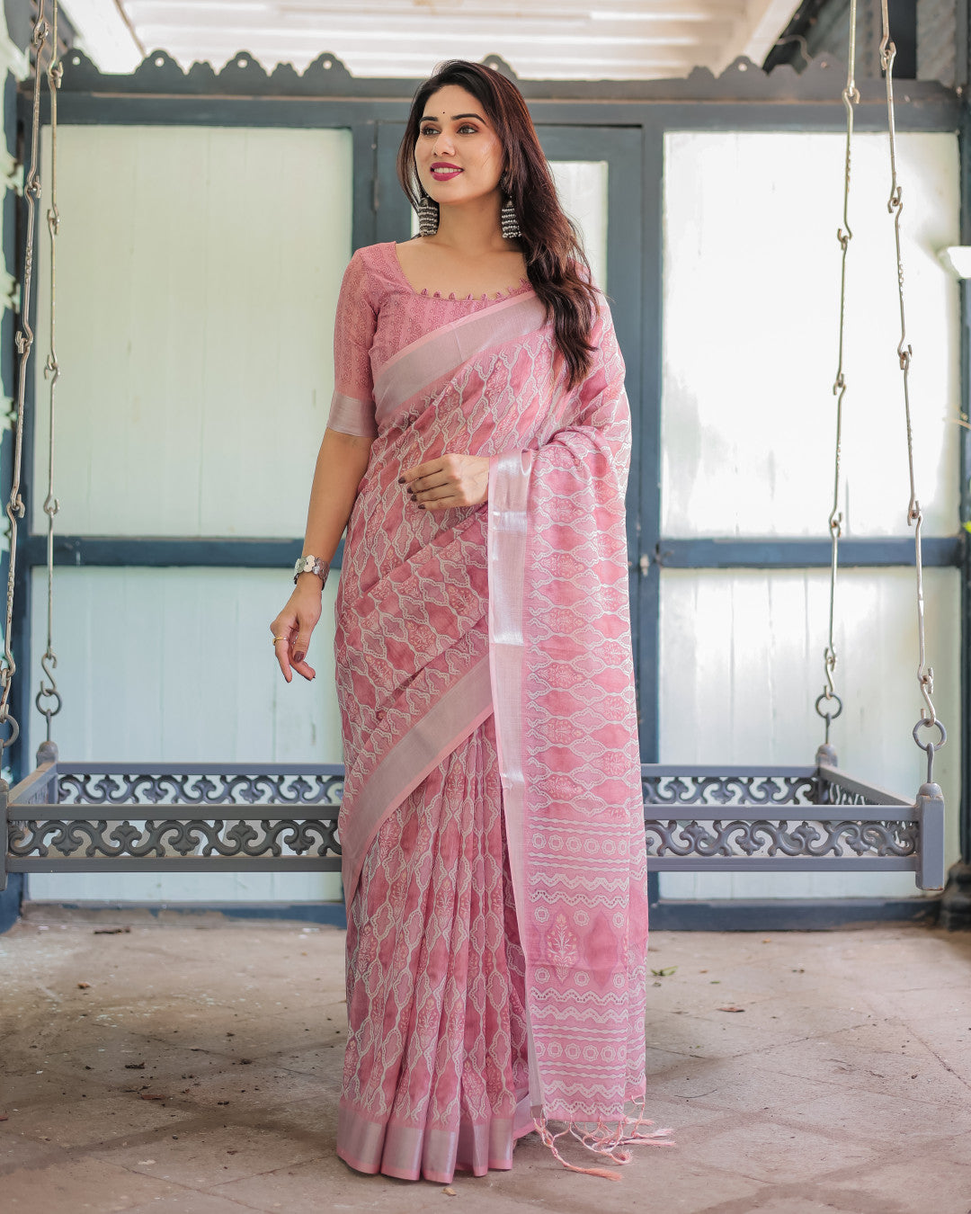 Baby Pink Summer Special Digital Printed Linen Cotton Saree