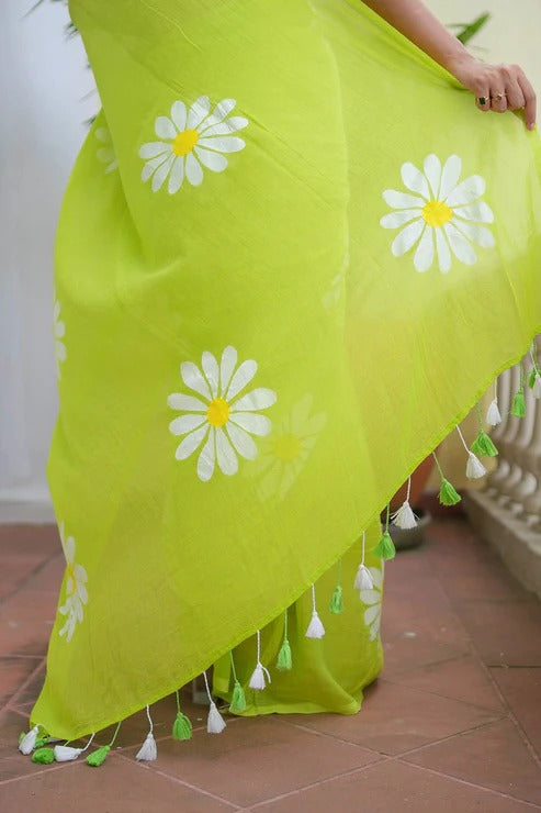 Parrot Green Khadi Cotton Saree with Floral Printed Work | Summer Casual Ethnic Wear – JaipurSaaj