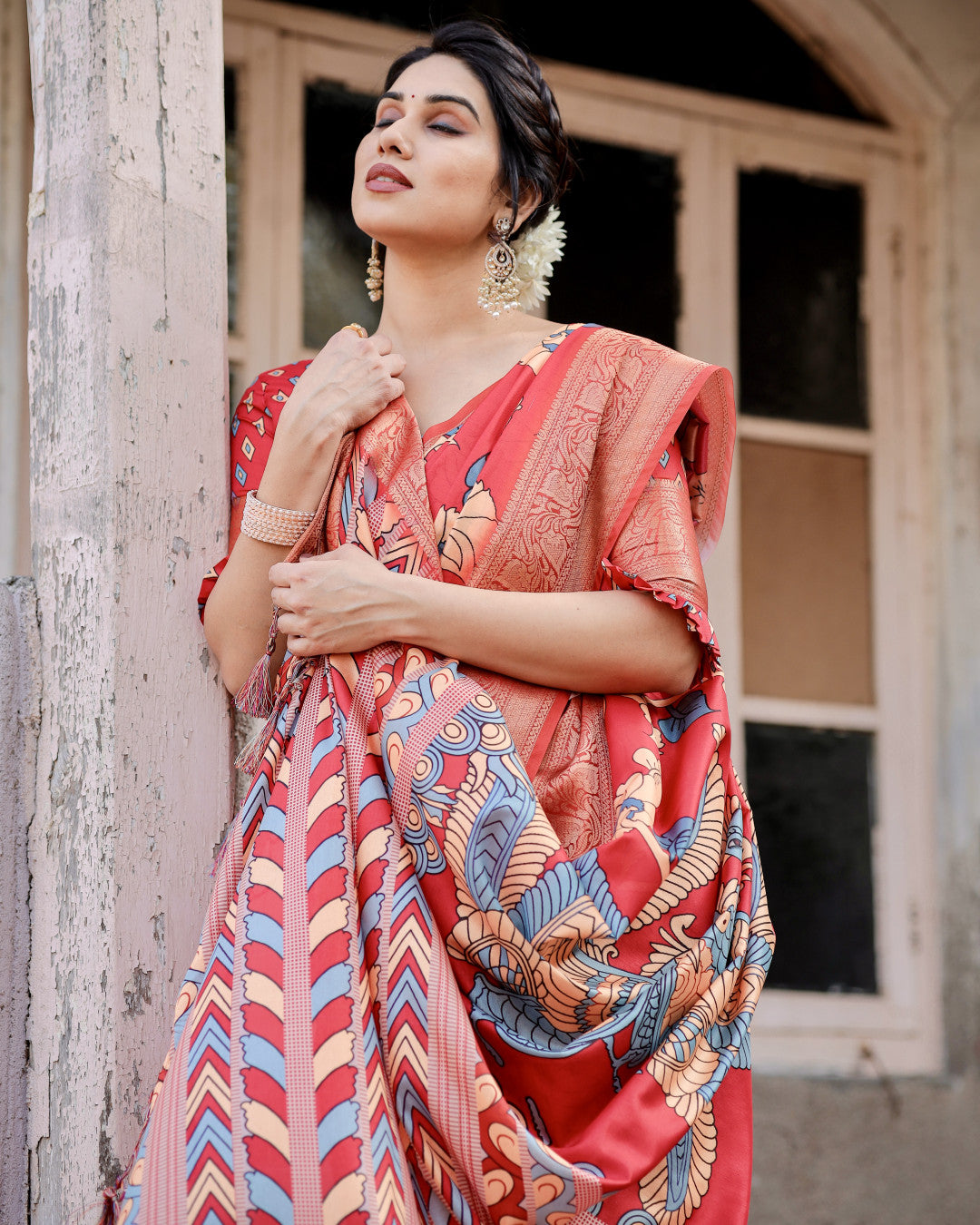 Red Tussar Silk Saree With Digital Kalamkari Print & Zari Motif Border | Casual & Festive Wear – JaipurSaaj