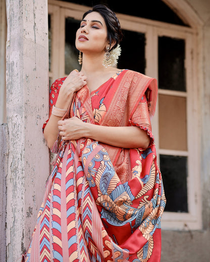 Red Tussar Silk Saree With Digital Kalamkari Print & Zari Motif Border | Casual & Festive Wear – JaipurSaaj