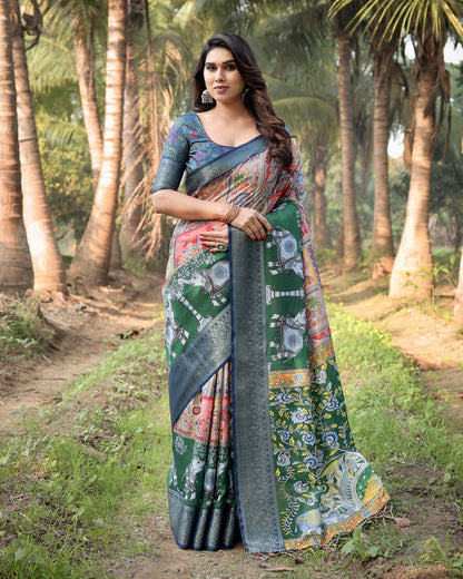 Multi Color Kalamkari Digital Printed Tussar Silk Saree | Designer Festive Ethnic Wear – JaipurSaaj