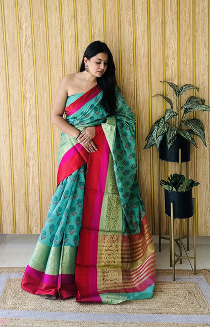 Sky Blue Soft Cotton Saree With Jacquard Border