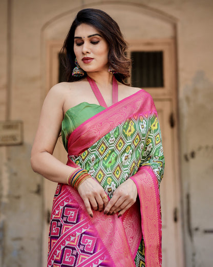 Green Digital Printed Tussar Silk Saree With Zari Motif Border | Designer Festive Ethnic Wear – JaipurSaaj