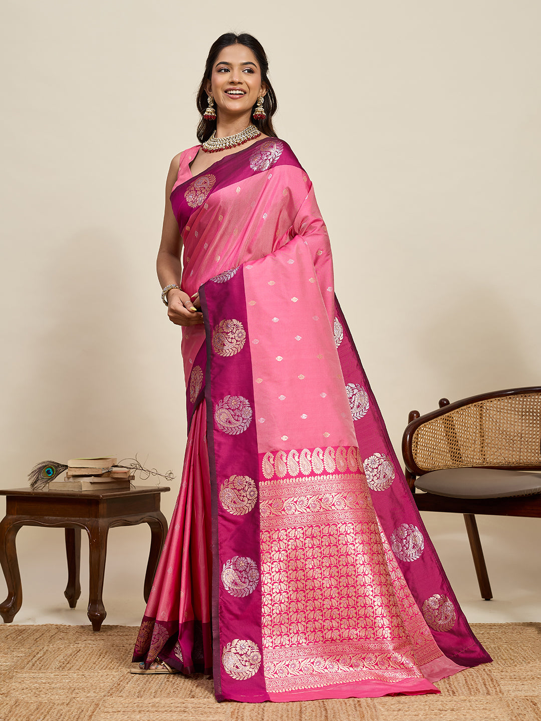 Pink Soft Silk Saree With Silver Banarasi Zari Weaving Work | Festive Wear – JaipurSaaj