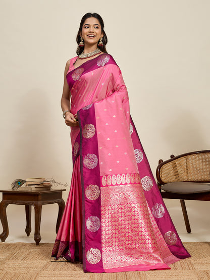Pink Soft Silk Saree With Silver Banarasi Zari Weaving Work | Festive Wear – JaipurSaaj