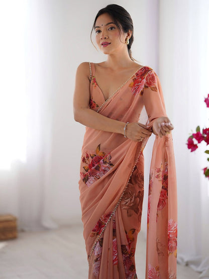 Peach Georgette Saree With Printed Work And Moti Border