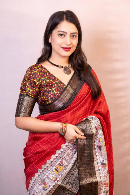 Red Dola Silk Saree With Beautiful Madhubani Printed Pallu Work | Traditional Wedding Wear – JaipurSaaj