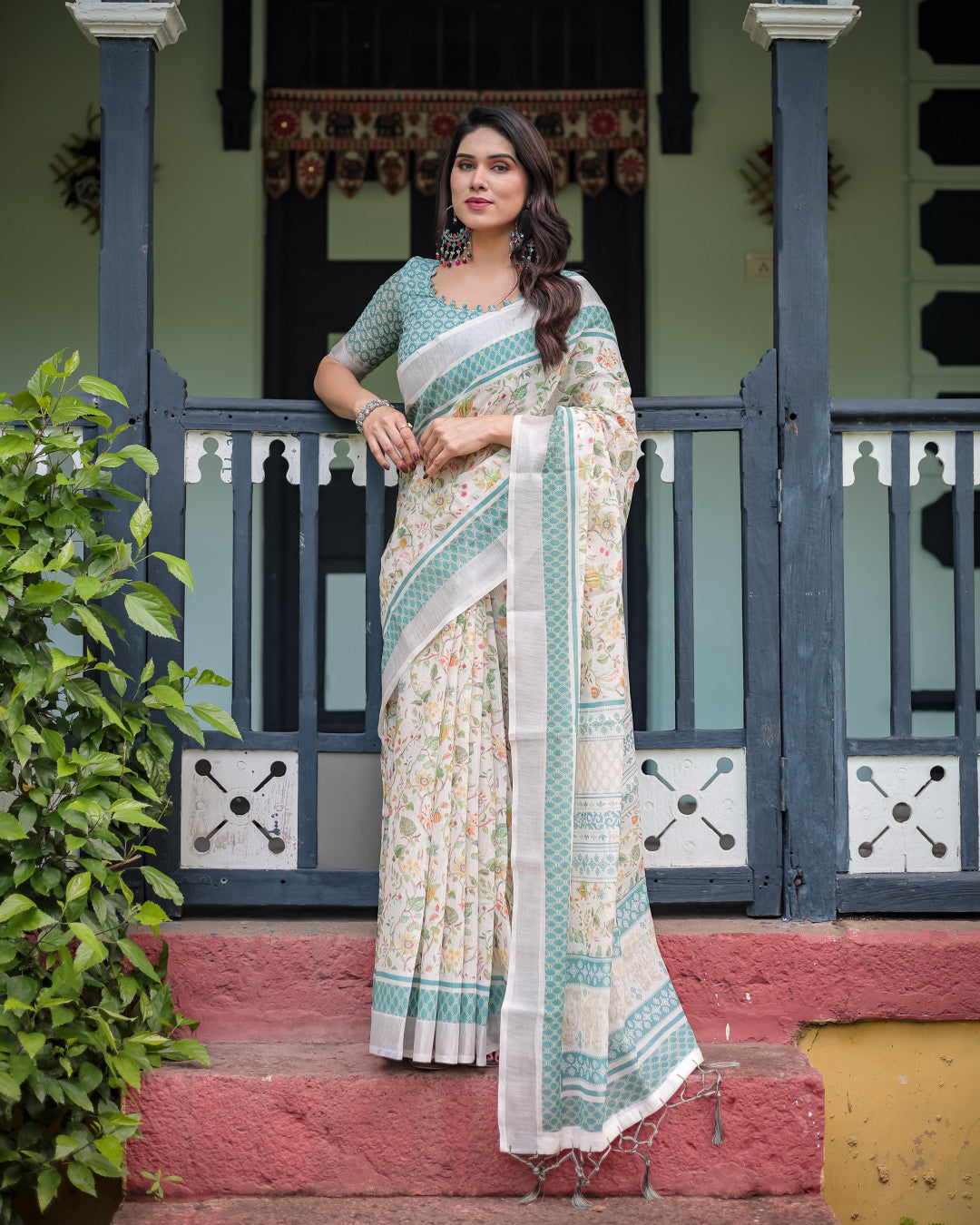 Off White Summer Special Digital Printed Linen Cotton Saree