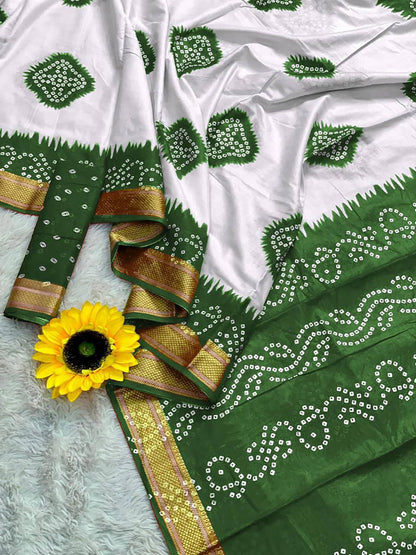 Green Mulmul Cotton Saree With Bandhani Block Print & Zari Border | Ethnic Festive Wear – JaipurSaaj