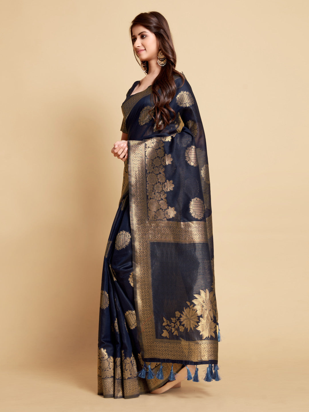 Navy Blue Soft Linen Silk Saree With Zari Weaving Work | Traditional Wedding & Festive Wear – JaipurSaaj