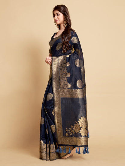 Navy Blue Soft Linen Silk Saree With Zari Weaving Work | Traditional Wedding & Festive Wear – JaipurSaaj