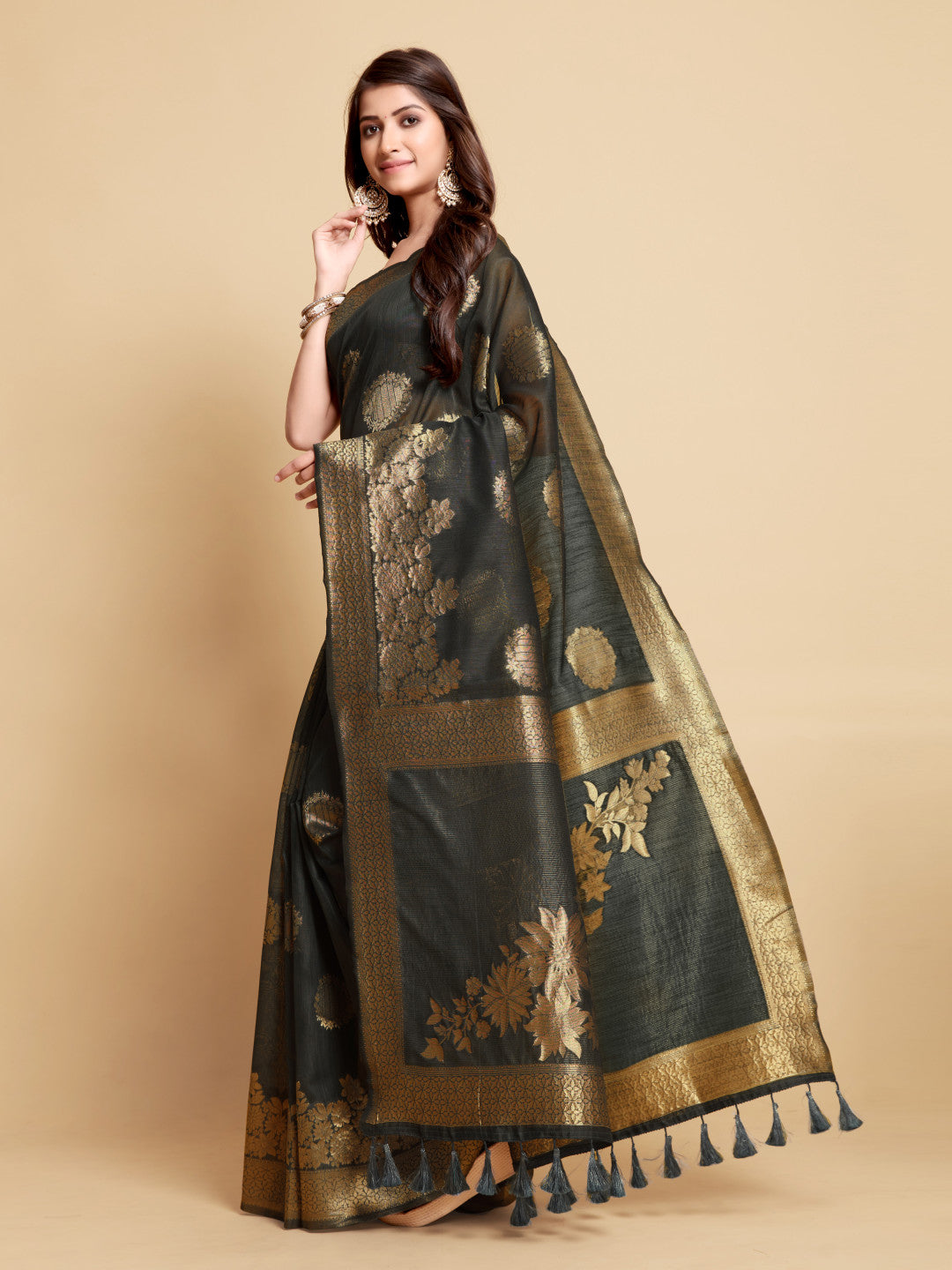 Black Soft Linen Silk Saree With Zari Weaving Work | Traditional Wedding & Festive Wear – JaipurSaaj