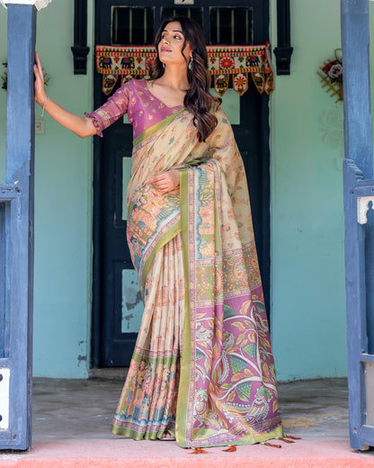 Multi Color Kalamkari Digital Printed Linen Cotton Saree | Summer Casual & Ethnic Wear – JaipurSaaj