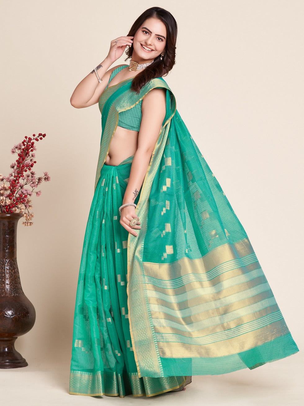 Rama Green Kota Doriya Saree With Zari Weaving Work | Lightweight Party Wear – JaipurSaaj