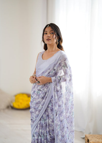 Lavender Linen Cotton Saree With Flower Digital Printed Work