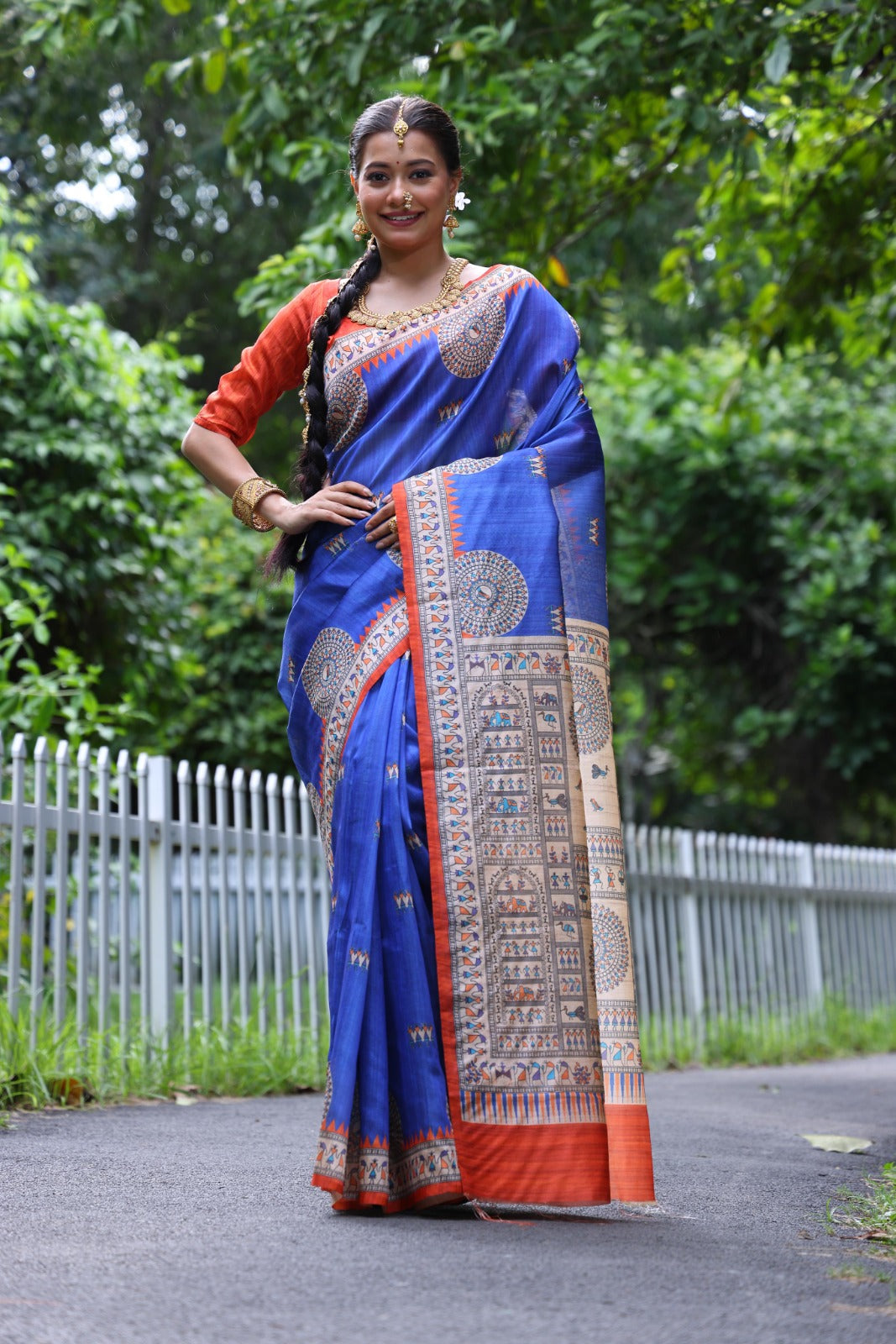 Royal Blue Madhubani Printed Soft Tussar Silk Saree | Traditional Festive Ethnic Wear – JaipurSaaj