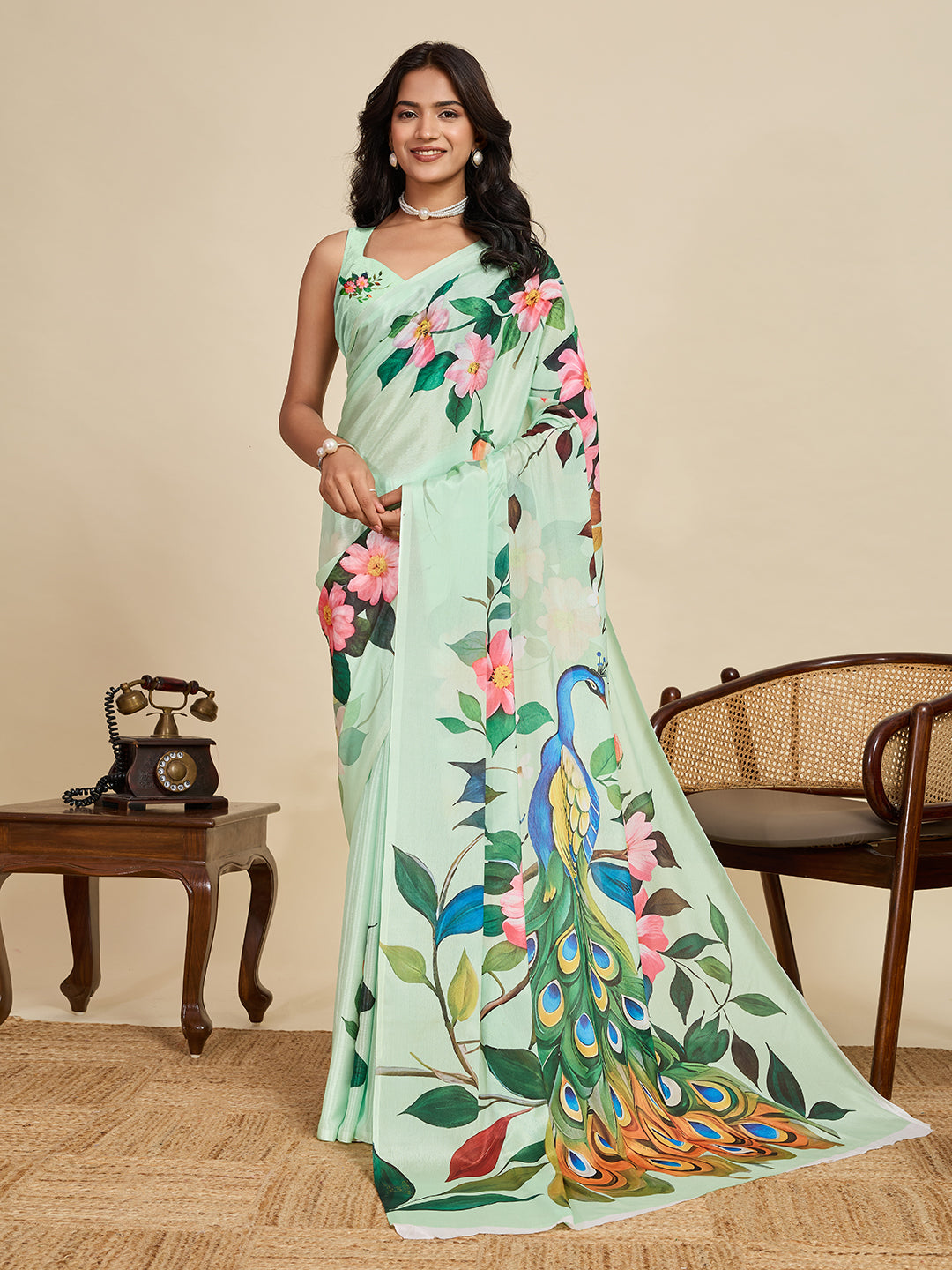 Sea Green Soft Chinnon Silk Saree With Digital Printed Work