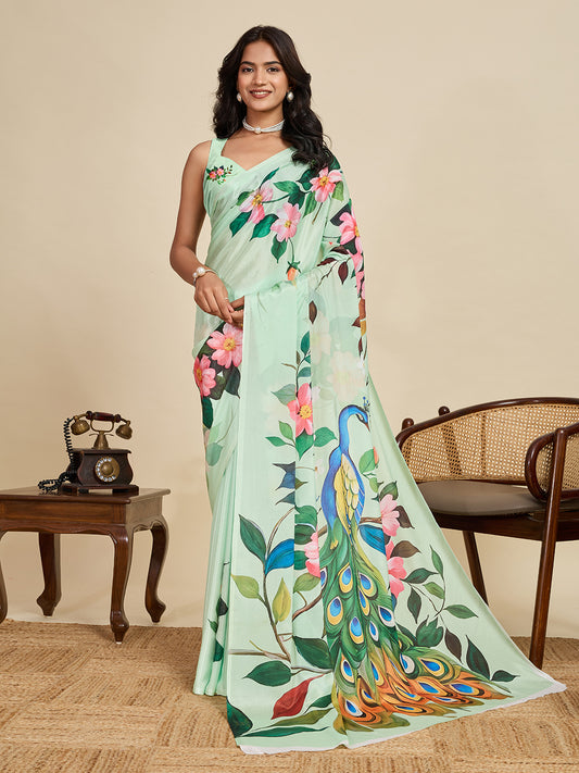 Sea Green Soft Chinnon Silk Saree With Digital Printed Work