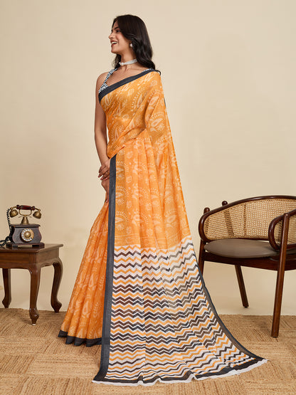 Yellow Linen Cotton Saree With Digital Printed Work And Silver Zari Border