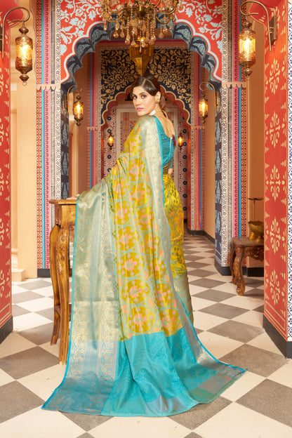 Yellow Organza Silk Saree With Woven Design | Festive Wedding & Party Wear – JaipurSaaj