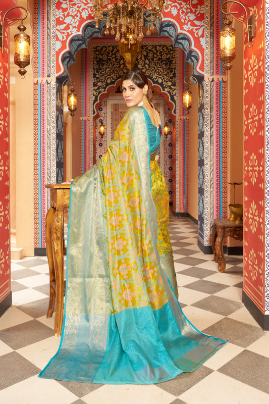 Yellow Organza Silk Saree With Woven Design | Festive Wedding & Party Wear – JaipurSaaj