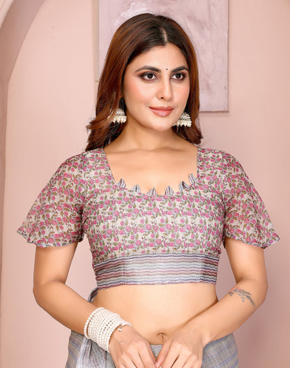 Multi Linen Cotton Saree With Digital Printed Work And Silver Zari Border