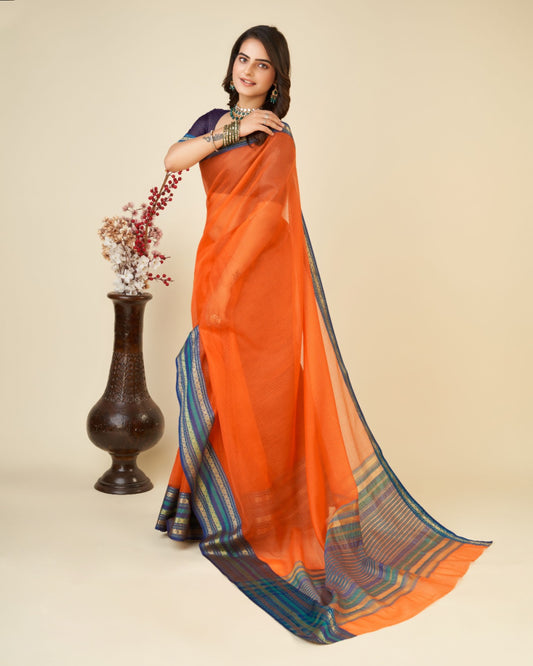 Orange Color Doriya Cotton Saree With Woven Design