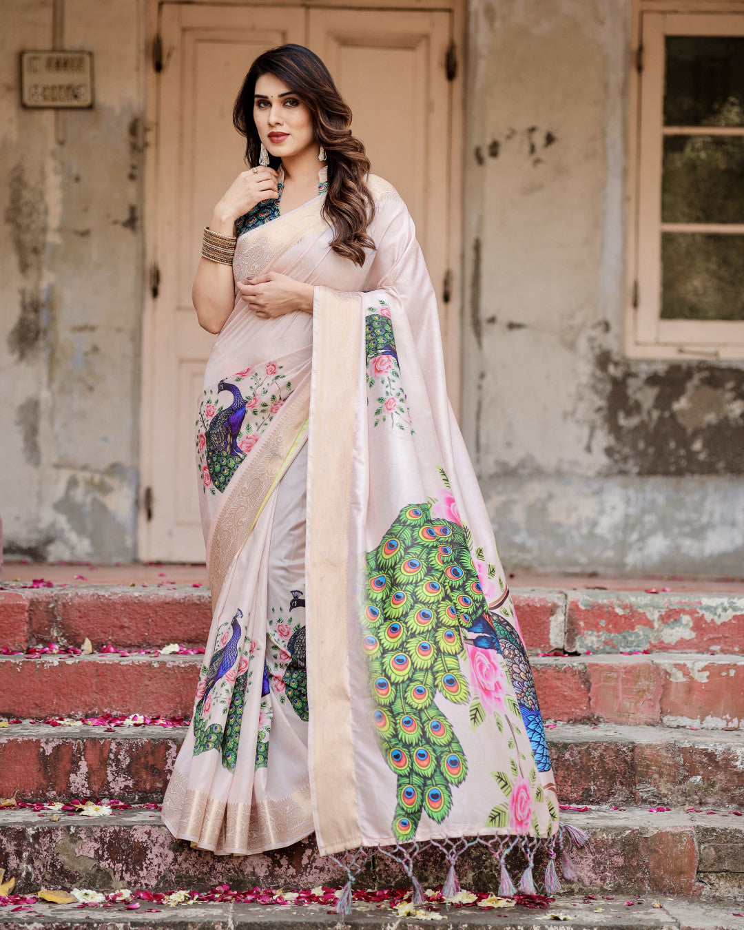 Pastel Pink Tussar Silk Saree With Digital Kalamkari Print & Zari Motif Border | Casual & Festive Wear – JaipurSaaj