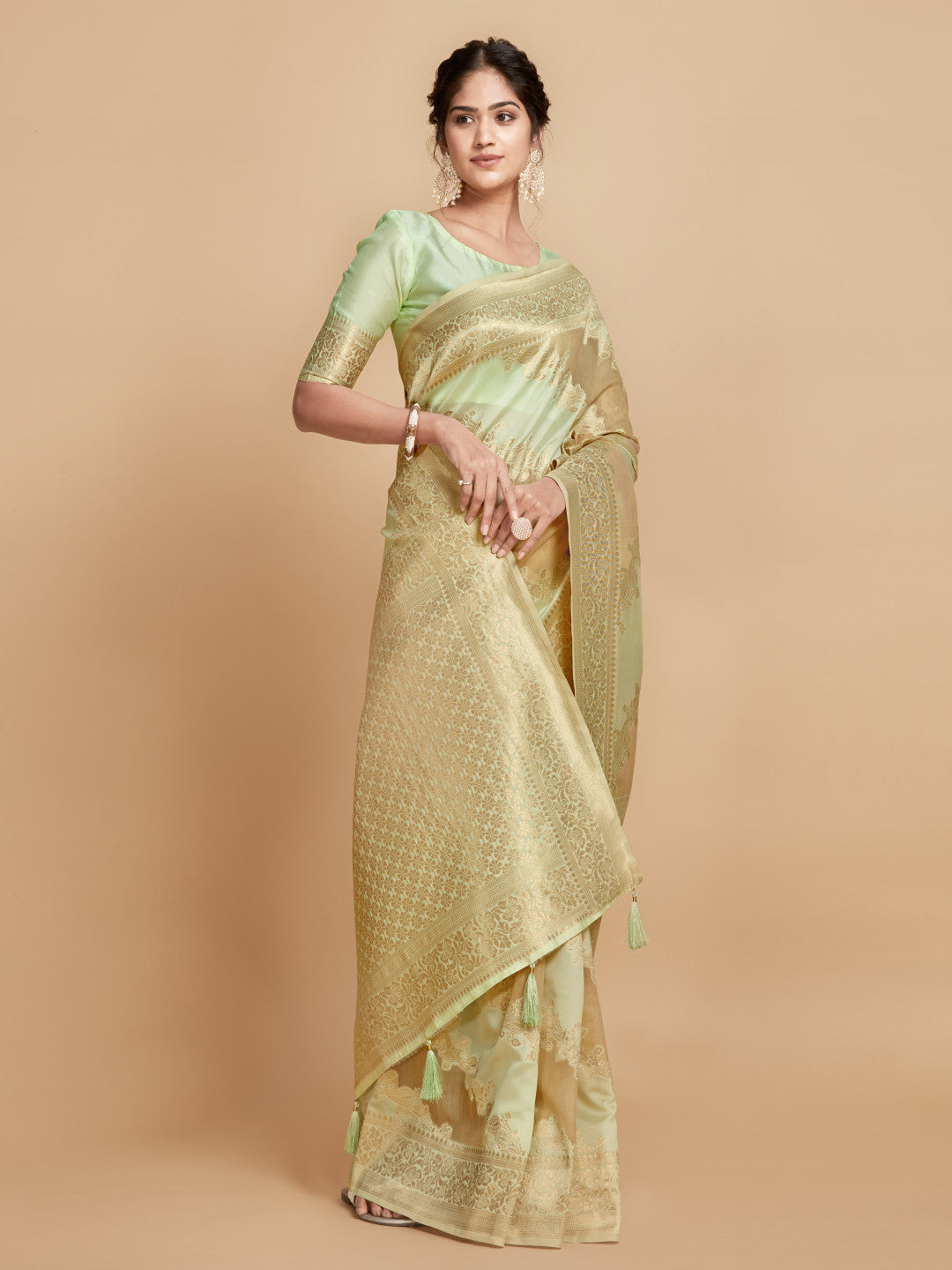 Light Pista Green Soft Linen Silk Saree With Zari Weaving Work | Wedding & Festive Wear – JaipurSaaj
