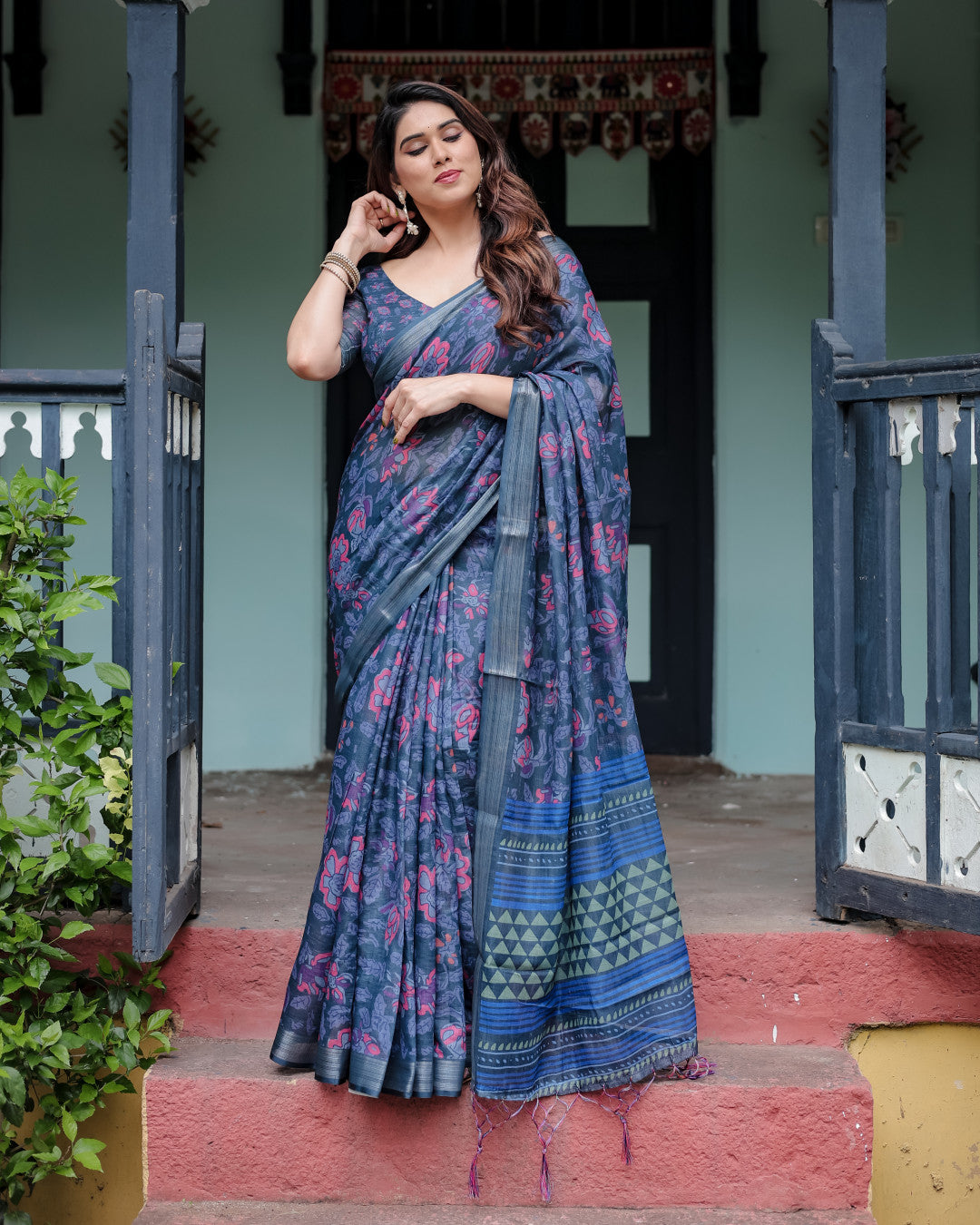 Navy Blue Floral Digital Printed Linen Cotton Saree | Office & Casual Ethnic Wear – JaipurSaaj