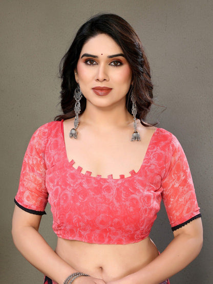 Pink Soft Chiffon Saree With Printed Work And Lace Border