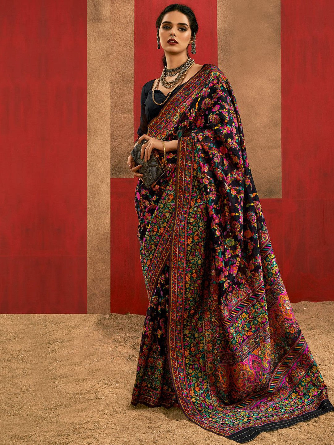 Black Pashmina Silk Saree With Traditional Woven Design | Festive & Wedding Wear – JaipurSaaj