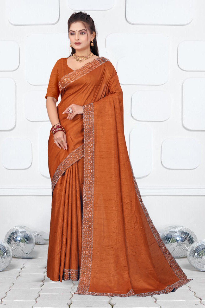Orange Dola Silk Saree With Siroski Work Border