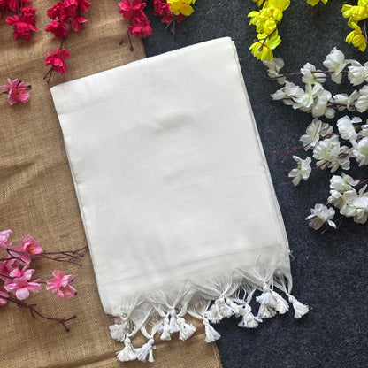 White Plain Khadi Cotton Saree With Fancy Tassel Work