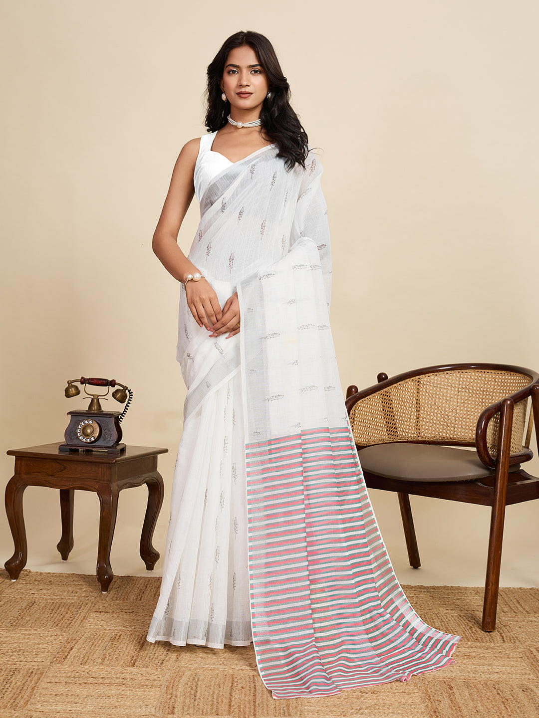White Linen Cotton Saree With Digital Printed Work And Silver Zari Border