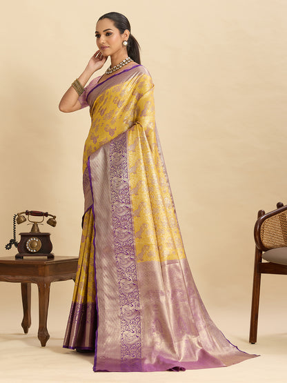 Yellow Kanjivaram Silk Saree with Zari Weaving Work & Big Border | Bridal Wedding Wear – JaipurSaaj