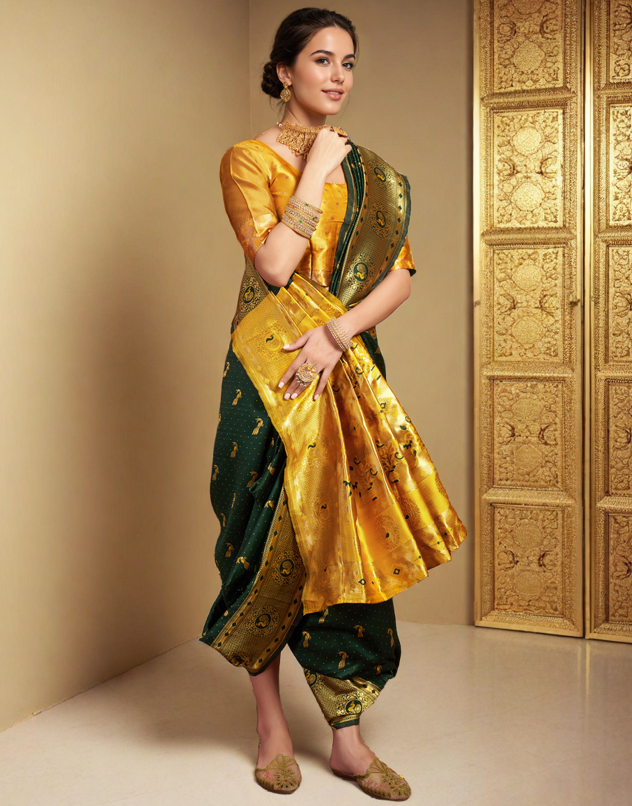 Traditional Green Paithani Silk Saree With Zari Weaving Work