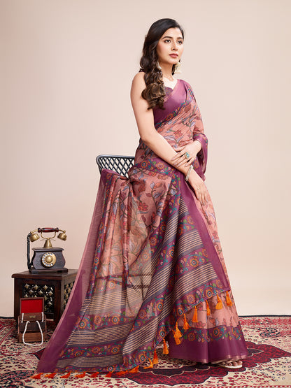 Multi Soft Linen Cotton Saree With Kalamkari Printed Work