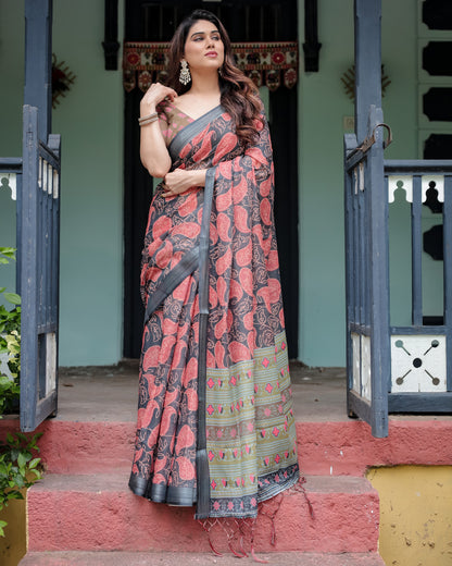 Multi Floral Digital Printed Linen Cotton Saree