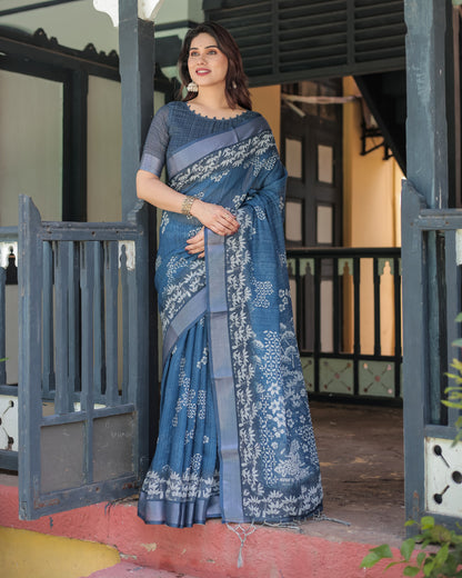 Blue Soft Linen Cotton Saree With Digital Printed Work