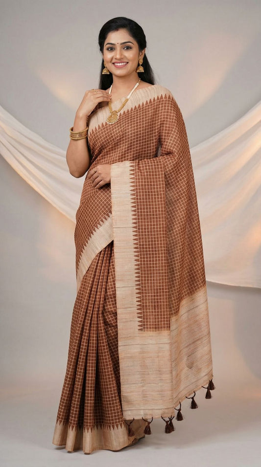 Brown Tussar Silk Saree With Checks Weaving Work