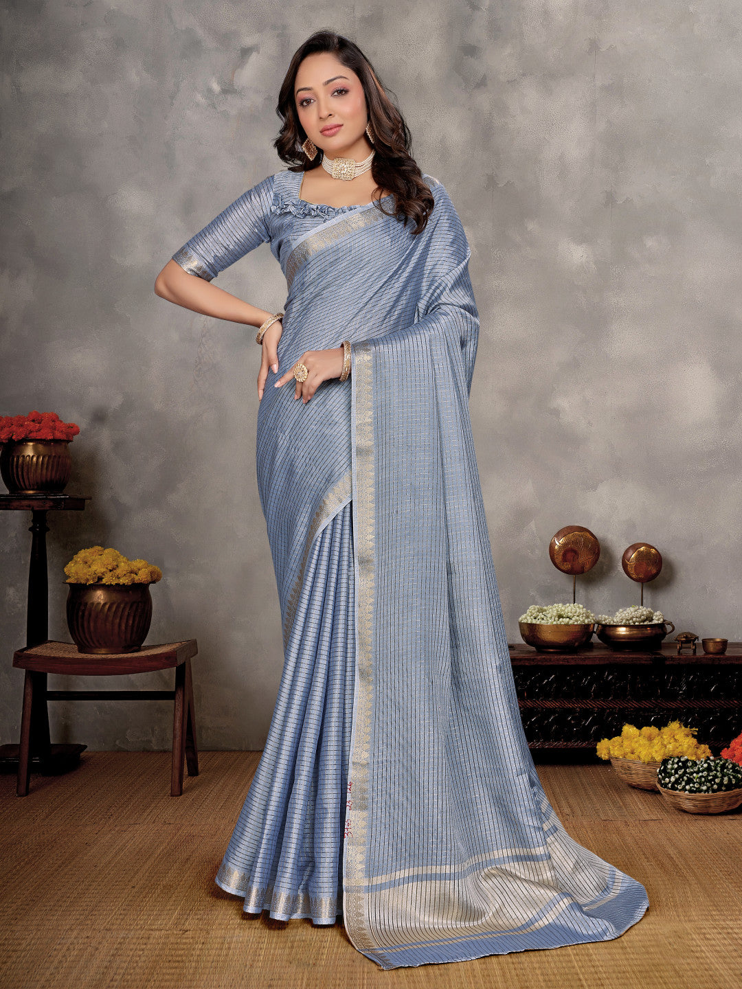 Light Blue Soft Linen Silk Saree With Zari Weaving Work