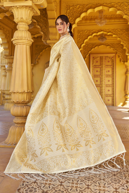 Off White Soft Silk Saree With Zari Weaving Work | Party & Wedding Wear – JaipurSaaj