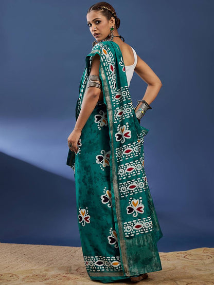 Rama Green Soft Pure Cotton Silk Saree With Hand Batik Print Work | Casual & Ethnic Wear – JaipurSaaj
