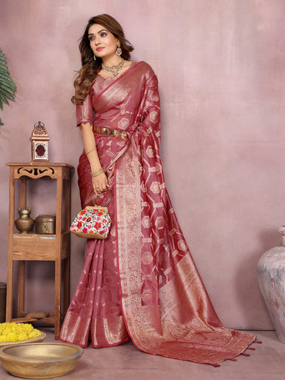Dusty Pink Organza Silk Banarasi Saree With Zari Weaving Work | Bridal Wedding & Festive Wear – JaipurSaaj