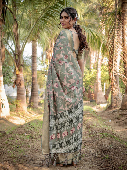 Olive Green Tussar Silk Saree with Floral Woven Motifs & Zari Border | Traditional Festive Wear – JaipurSaaj