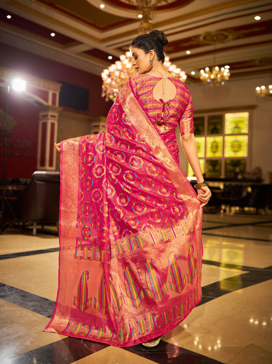 Pink Green Organza Silk Saree with Zari Weaving Work | Wedding & Festive Wear – JaipurSaaj