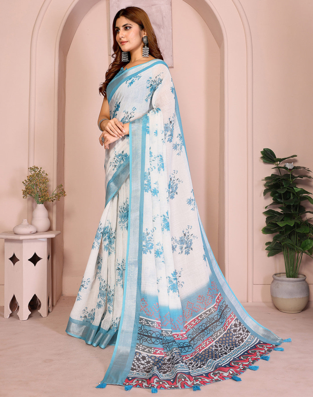 White Linen Cotton Saree With Digital Printed Work And Silver Zari Border